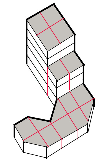 schematic axonometric showing building in the shape of letter 'J'